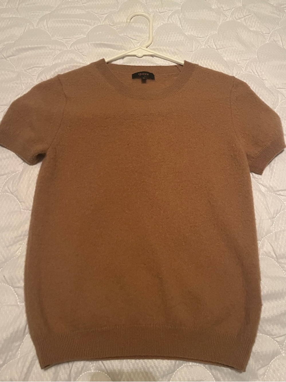 Quince Short-Sleeve Scoop Neck Sweater in Camel Brown
